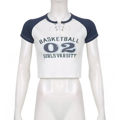 Varsity Basketball Crop Top with Lace Up Front