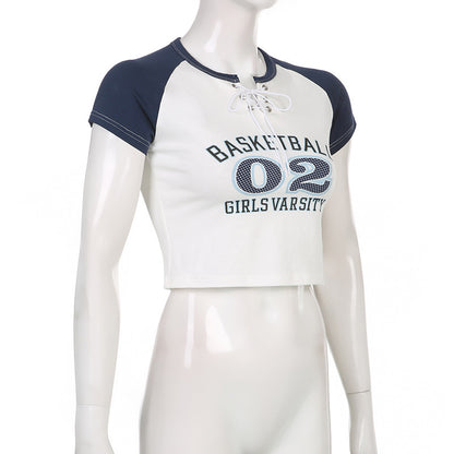 Varsity Basketball Crop Top with Lace Up Front