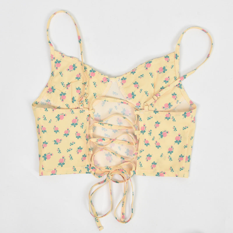 Sleeveless Apricot Crop Top with Floral Pattern