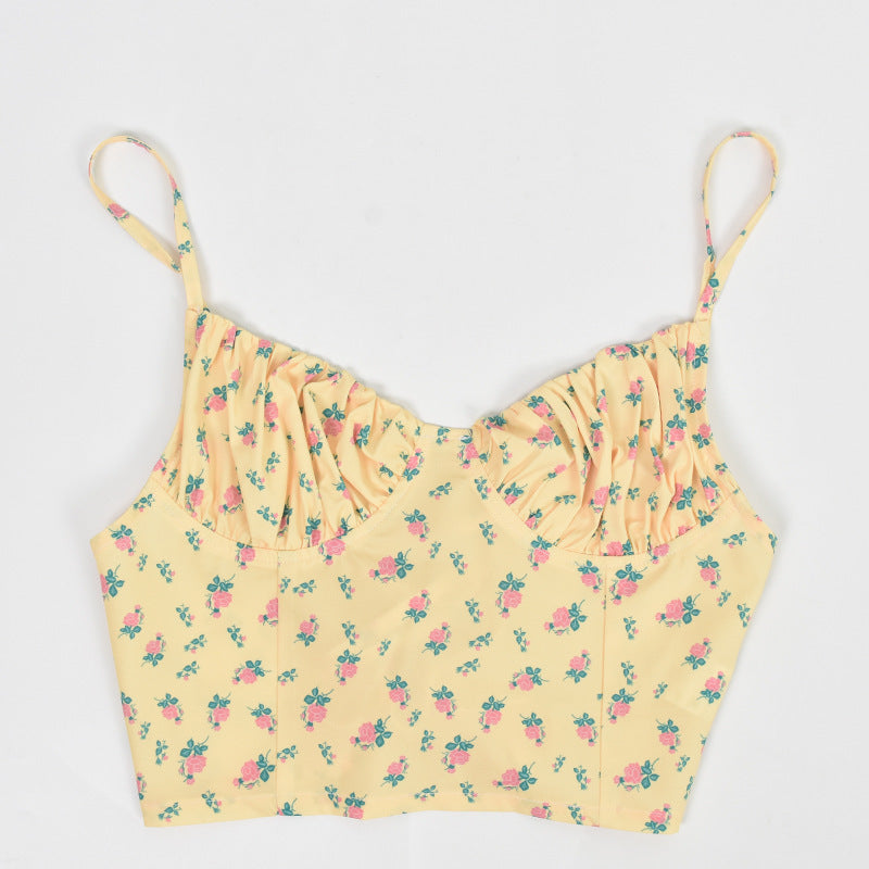Sleeveless Apricot Crop Top with Floral Pattern